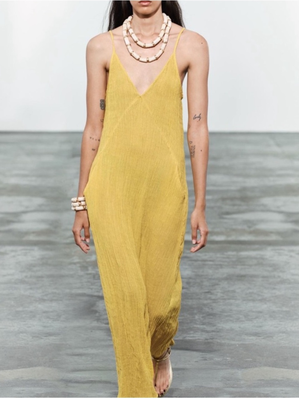 Zara 100% linen Mustard Yellow V-Neck Maxi Slip Dress - Picture 1 of 9